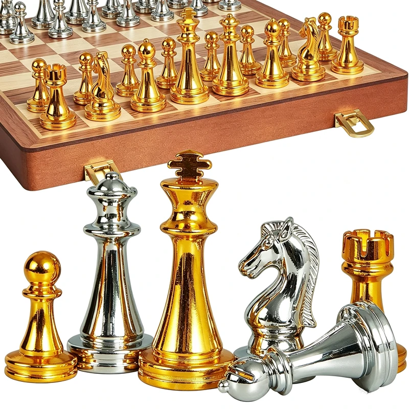 Chess Deluxe Wooden Checkerboard Set 30cm/11.8inch Portable Folding Checkerboard With Weight Zinc Alloy Pieces Ideal Christmas