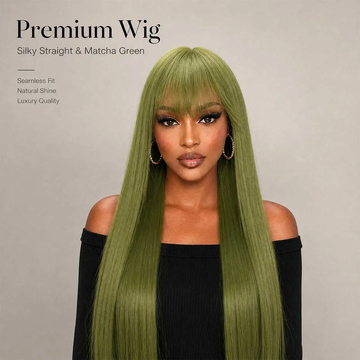 Olive Green Long Straight Wig, Natural Full Bangs Synthetic Wig for Women Halloween Costume Club Dating Wear