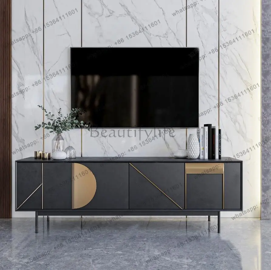 Italian light luxury lacquered TV cabinet small apartment white black solid wood storage cabinet customization