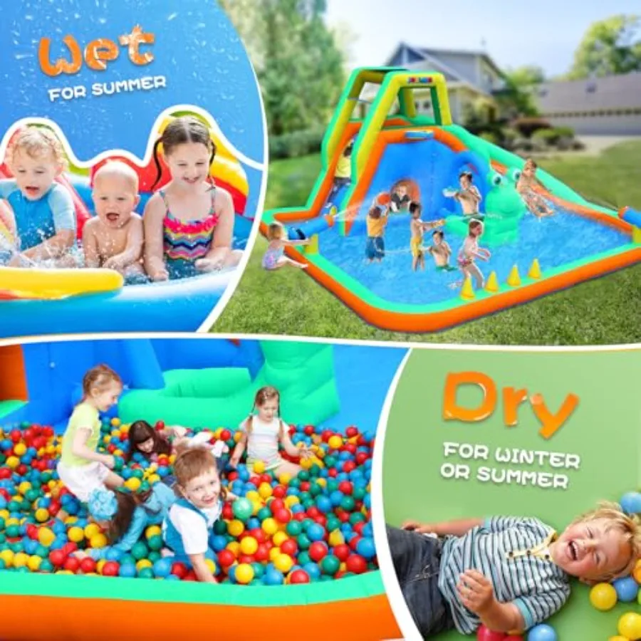 Frog Inflatable Water Slide for 8-in-1 Backyard Water Park, PVC material, green, includes frog sprinkler, climbing wall, tunnel