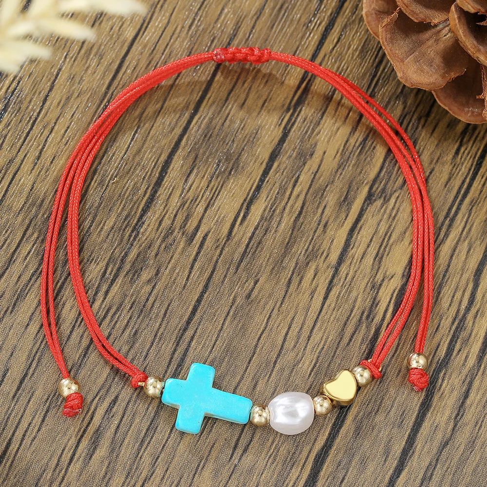 

Simple Handmade Braided Colorful Heart Cross Bracelet Bohemian Crystal Natural Stone Beads Bracelet For Women Friendship Jewelry
