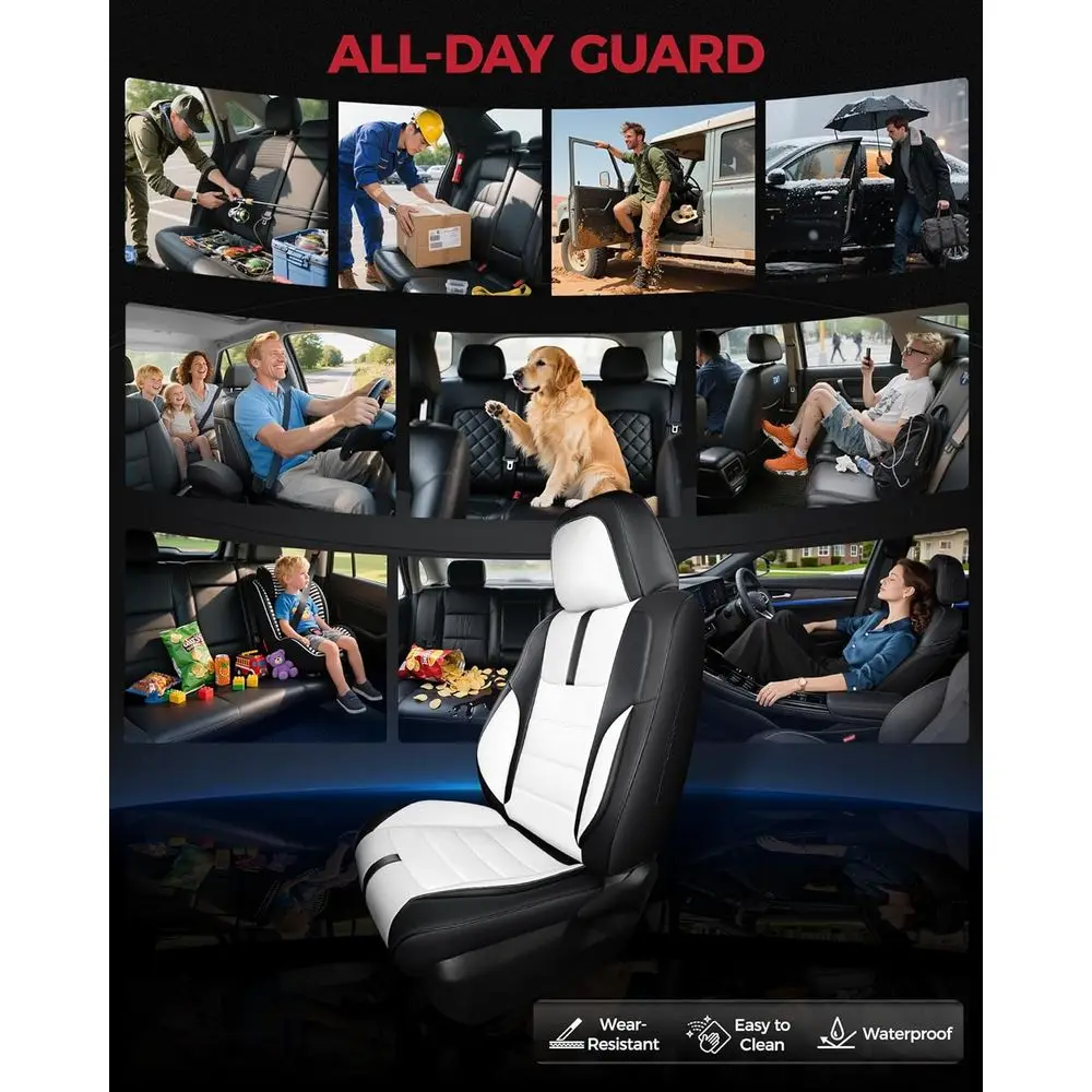 أغطية مقاعد السيارة من جلد نابا الصناعي باللونين الأبيض والأسود مع وسادات حزام الأمان من ألياف الكربون وواقيات وسادة لطيفة لسيارة السيدان #4