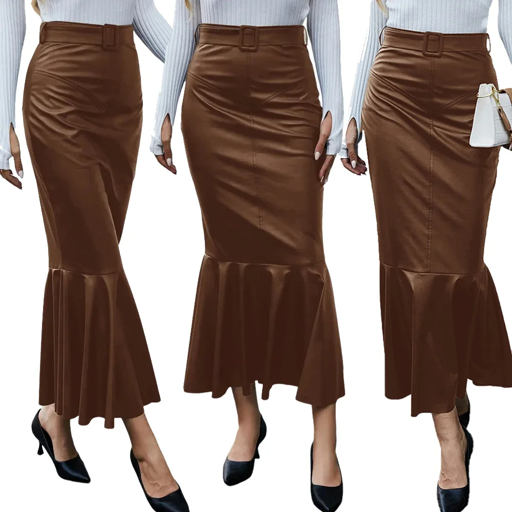 Fashion Muslim Women Long PU Leather Skirt High Waist Bodycon Maxi Pencil Bottoms Islam Arab Clothing Casual Middle East Skirts