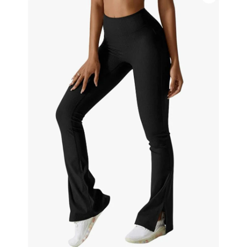 Split Flare Pant Elastic Waist Casual Trouser Ribbed Solid Skinny Long Yoga Sport Pants Women Clothing Fashion Summer Simple New