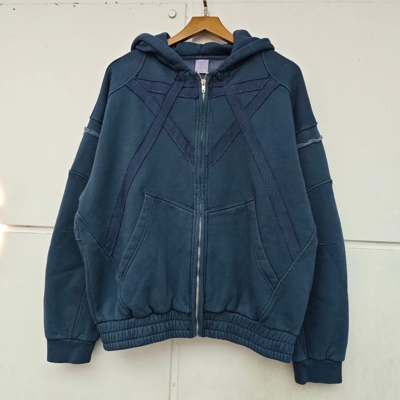 

Мужская толстовка большого размера премиум-класса — серая/темно-синяя уличная одежда на молнии с перекрестными ремешками