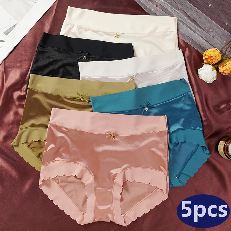 5 PCS High-waist Women's Simple Satin Ice Silk Seamless Underwear Female Breathable High Quality Panties Butt Lift Briefs