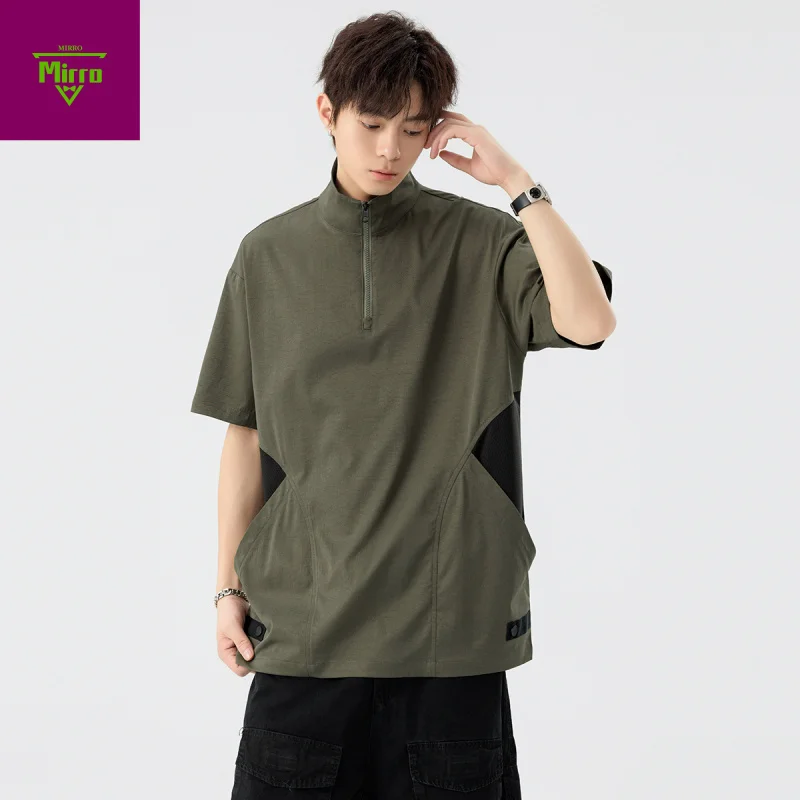 

【Mirrordust】Плюс размер, однотонная повседневная футболка в американском уличном стиле, мужская эластичная свободная футболка на молнии в японском стиле M-8XL