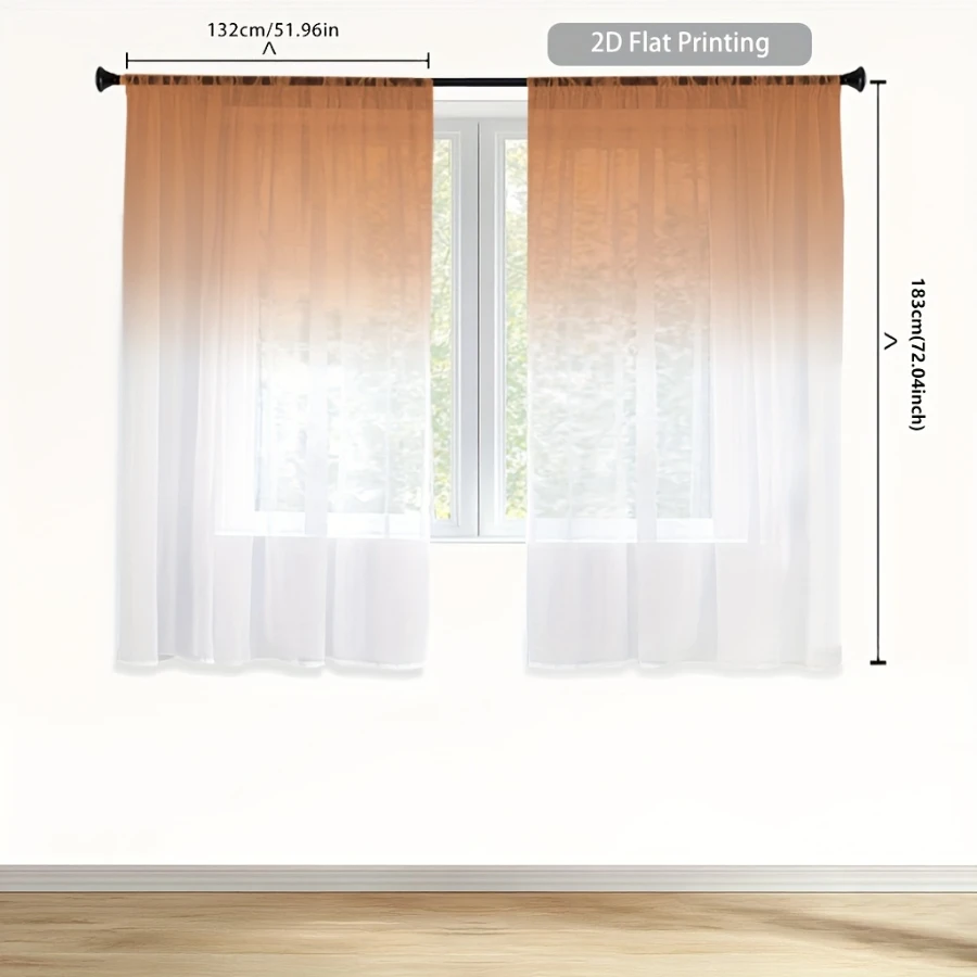 2PCS Digital Print Sheer Curtain, Orange White Gradient, Vintage Floral Window Curtains for Living Room Bedroom Home Decor