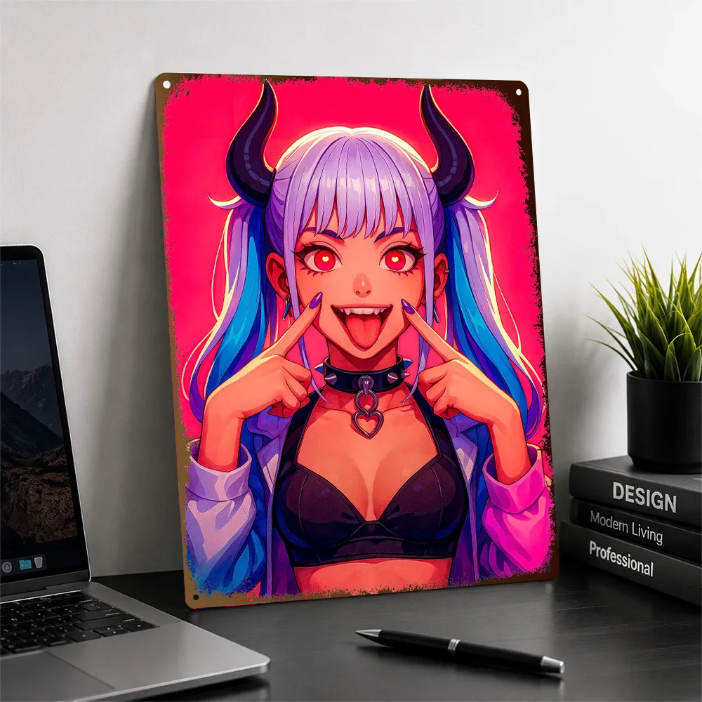 Anime Devil Girl With Horns Aluminum Poster Personalized Metal Sign Striking Manga Inspired Hero Wall Art For Otaku Collectors