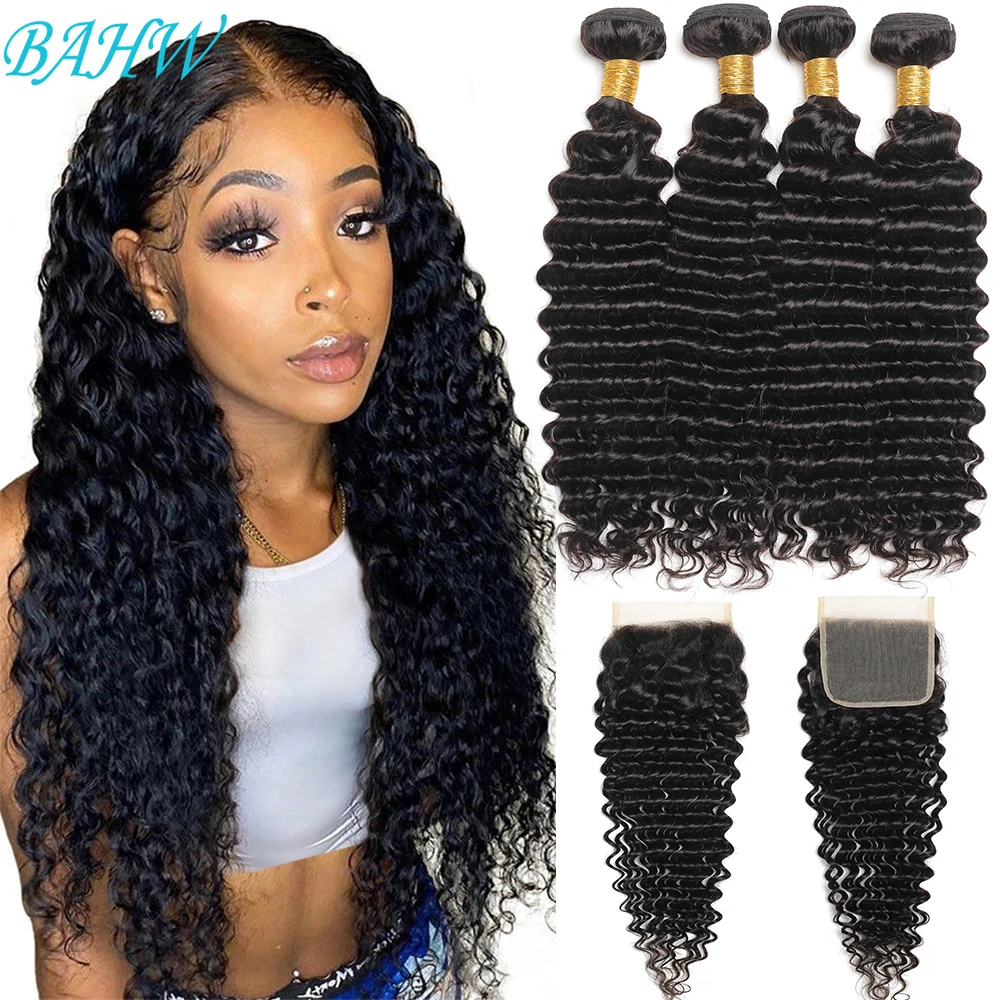 12A Malaysian Deep Wave Hair Bundles With Closure Virgin Deep Curly Bundles With 4X4 HD Transparent Lace Closure Remy Human Hair