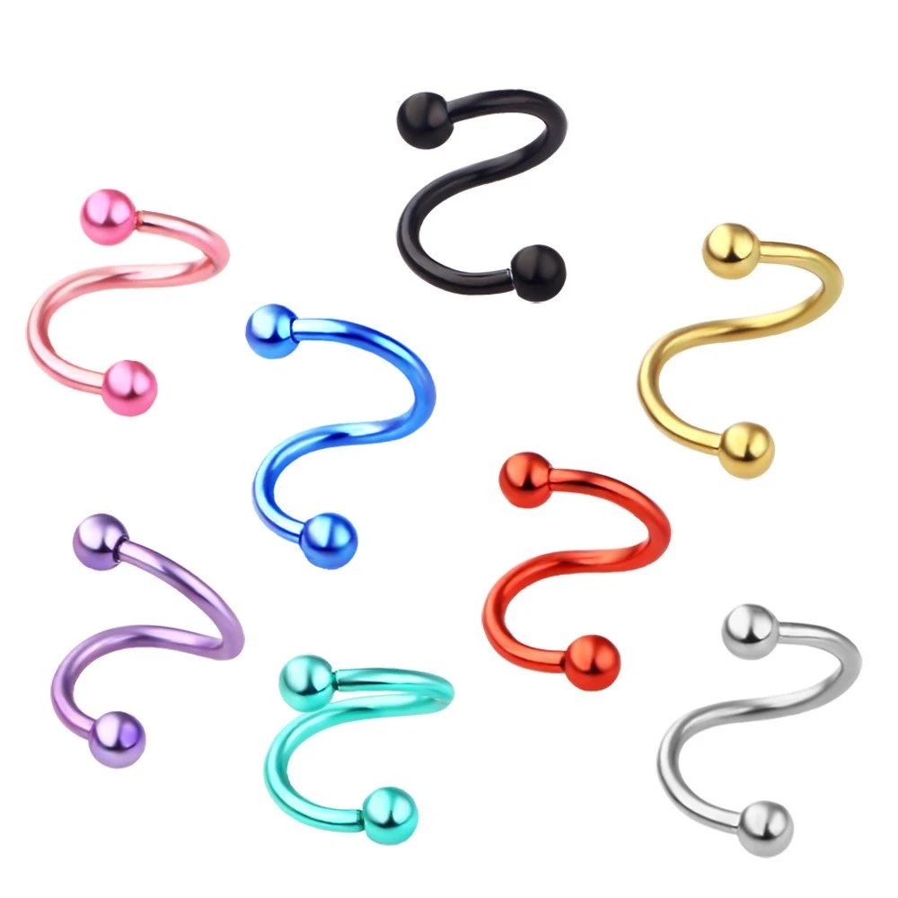 

2pc Colourful Spiral Steel Spiral Earring Tragus Helix 3mm Ball 8mm Ring Twist Eyebrow Lip Ear Stud Piercing 16G