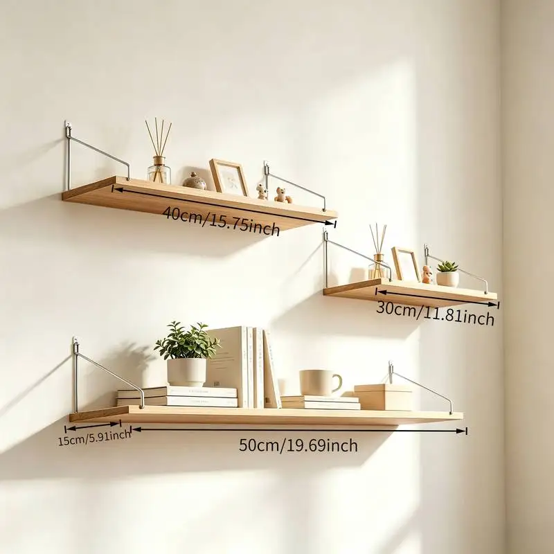 3 Set No Drill Floating Wall Shelves, Mixed Sizes with Triangle Metal Brackets, Wall Storage for Living Room