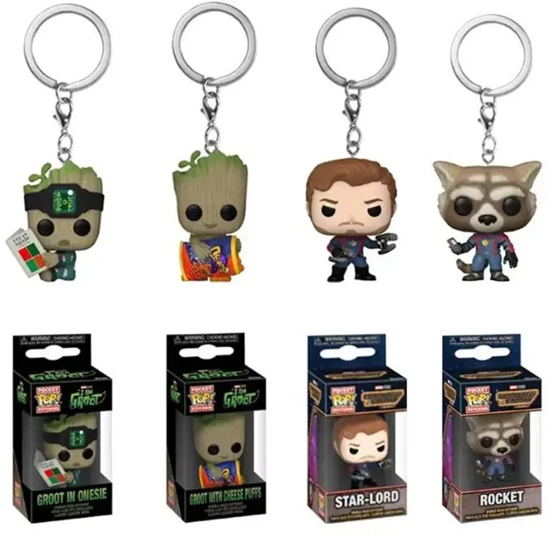 Funko Pocket Guardians of the Galaxy 3 Pocket Pop Keychain Rocket Star-Lord Groot in Onesie Groot with Cheese Puffs Model Toys