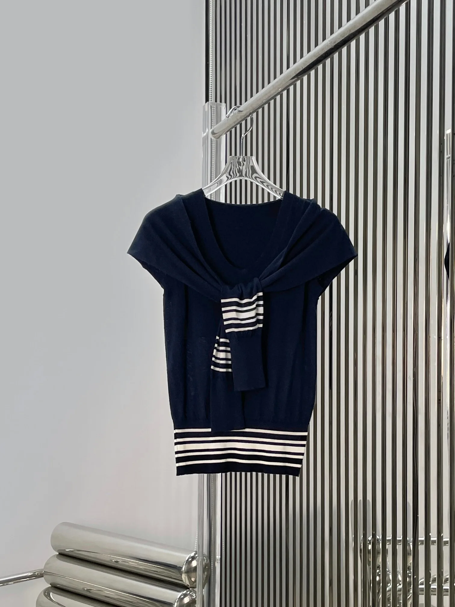 Slimming Knitted Vest with Navy Collar Fake Two-Piece Shoulder Shawl Letter Logo Embroidery Commute Style Casual Summer Top