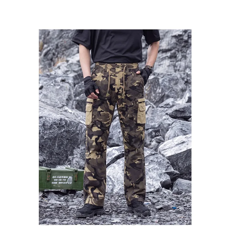 Outdoor Men Camo Tactical Cargo Pants Multi Pockets Drawstring Elastic Waist Wear Resistant Straight Hiking Work Streetwear Trou - view 3