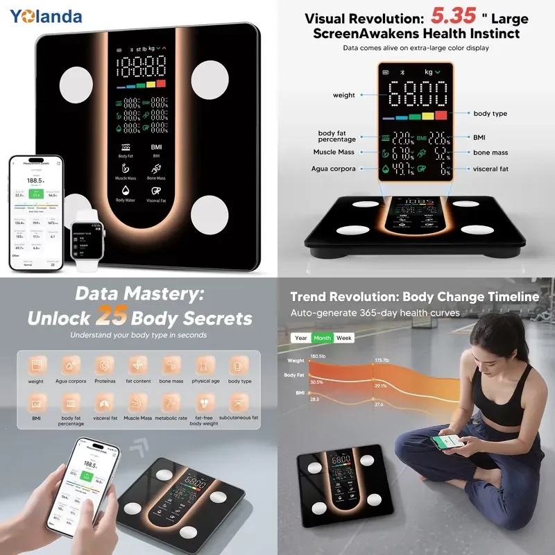 New Smart Digital Body Scale with Large LED Display 4 Electrodes Bt Control Bathroom Scale Electronic App Mode