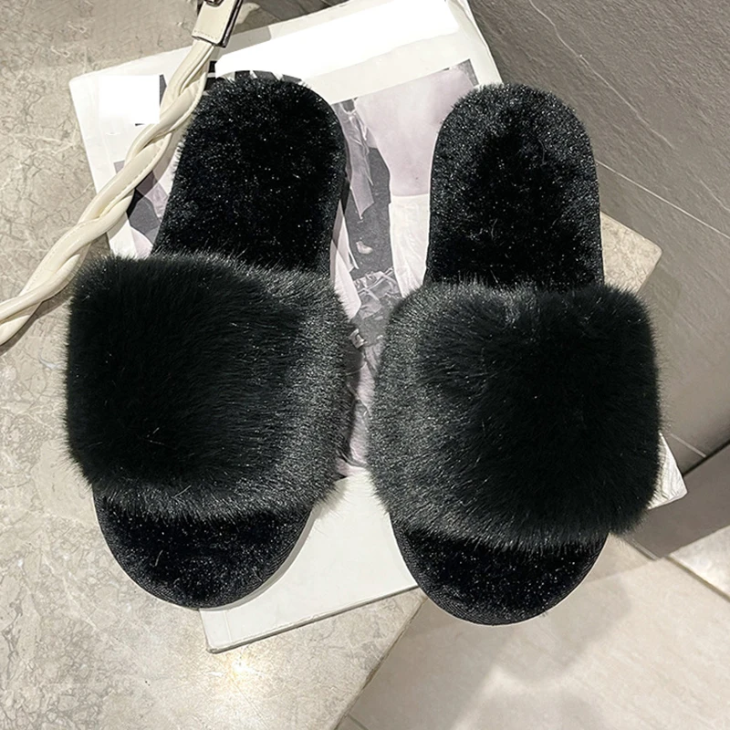 Fluffy Slippers Home Winter Casual Designer Shoes Women Indoor Platform Plush Slides Girls 2024 Fashion Elegant Flats Large Size