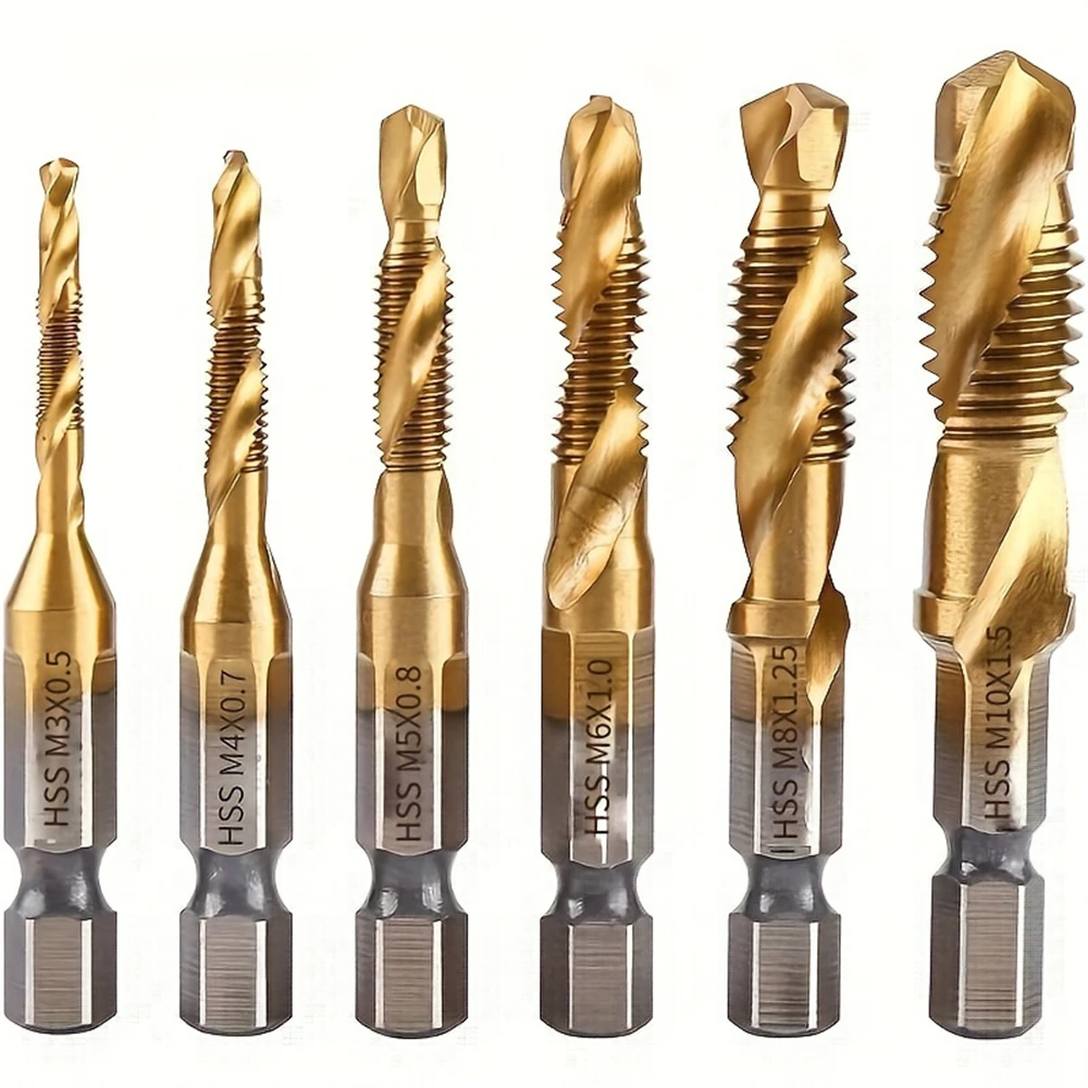 6pcs High-speed Steel 4341 Titanium Plated Composite Screw Tap Drill Bit Set for Screw Tapping,Countersink Drilling&Hole Making