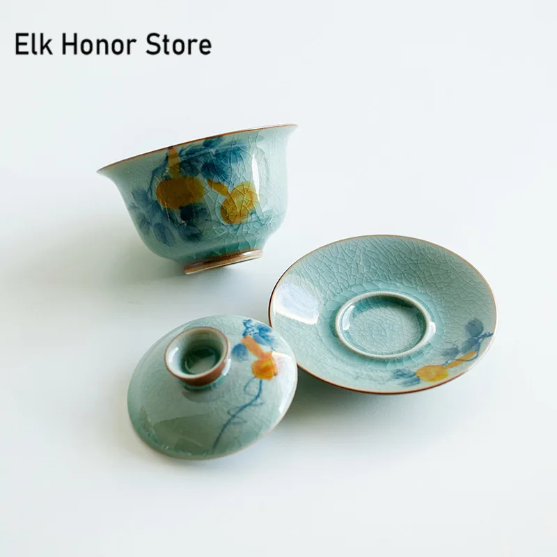 Elegant Ice Crack Glaze Ceramic Tea Set Pure Hand-painted Gourd Cover Bowl Tea Set Complete Set Handmade Kung Fu Teaset Gift Box