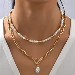 New Vintage Punk Metal Bead Chain Artificial Pearl Pendant Necklace For Women Boho Fashion Multilevel Jewelry Gift Wholesale