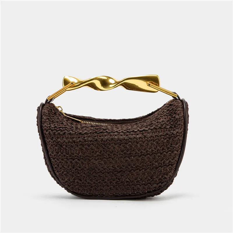 

Fashion Metal Handle Women Handbags Luxury Designer PP Straw Hobos Shoulder Crossbody Bags Casual Weave Summer Beach Bag 2025