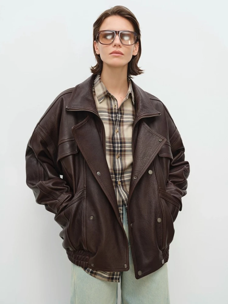 Vintage Genuine Leather Motorcycle Jackets for Women Autumn Winter High-end Solid Simple Stand Collar Bubble Real Sheepskin Coat