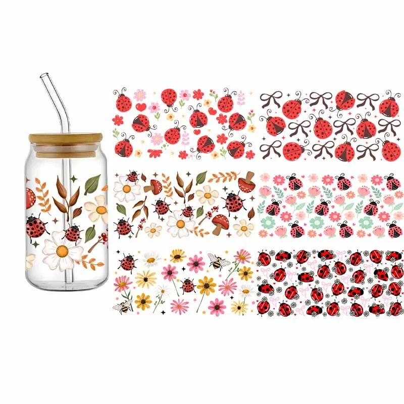 Seven-Spotted Ladybug UV DTF Wraps Cup Libbey Glass Cup 16oz Libbey Glass Mug Cup High Qaulity Transfer Sticker DIY
