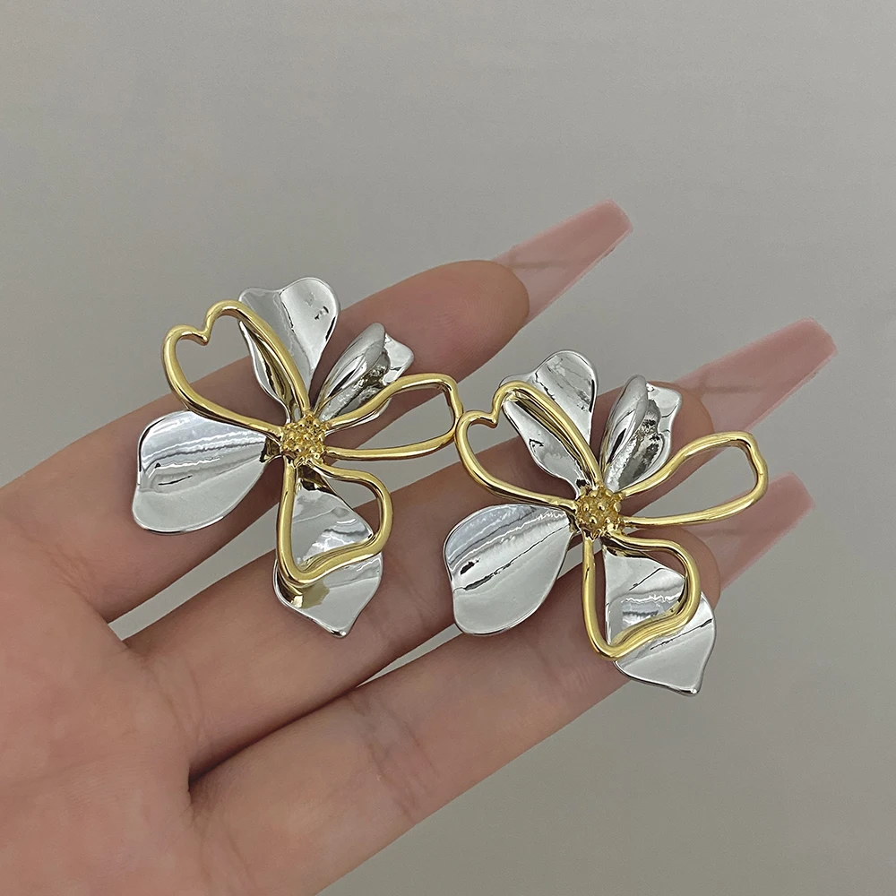 AENSOA Vintage Metal Gold Silver Color  Big Flower Drop Earrings for Women 2023 New Fashion Floral Statement Earrings Jewelry