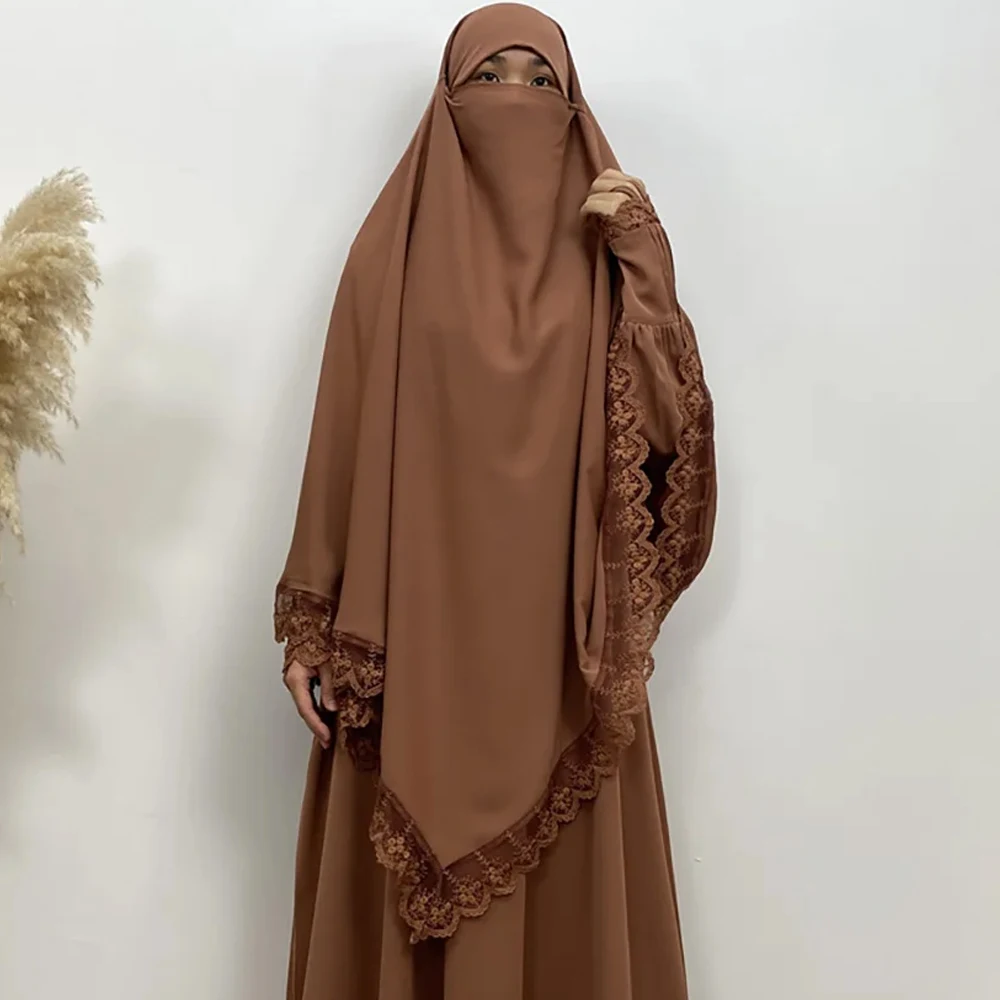 

Women Muslim Lace Long Khimar Hijab Scarf Headdress Eid Prayer Garment Dubai Saudi Niqab Djellaba Kebaya Jalabiya Islam Clothing