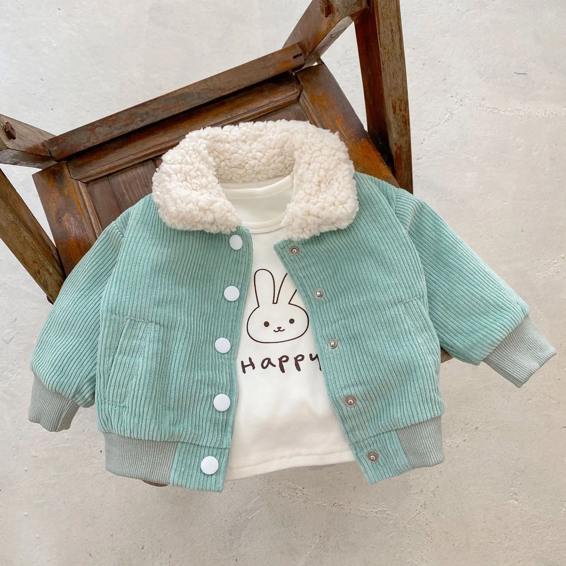 

2024 Autumn Winter Baby Girls Coat Corduroy Long Sleeve Green Hairy Turndown Collar Infant Girls Jacket Toddler Girls Outifts