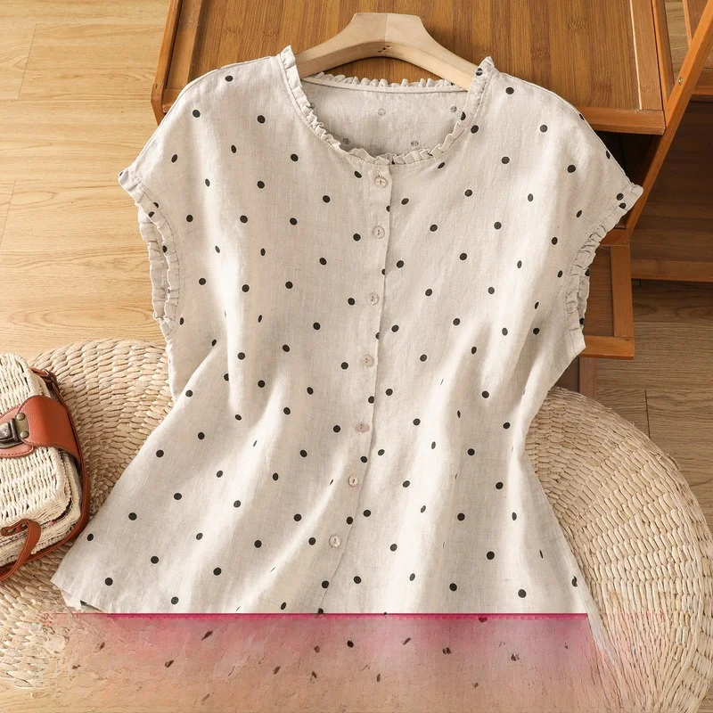 

Retro Polka Dot Linen Summer Shirt Women's Earmuff Collar Short Sleeve Thin Style Commute Fashion Cotton Blend Unisex