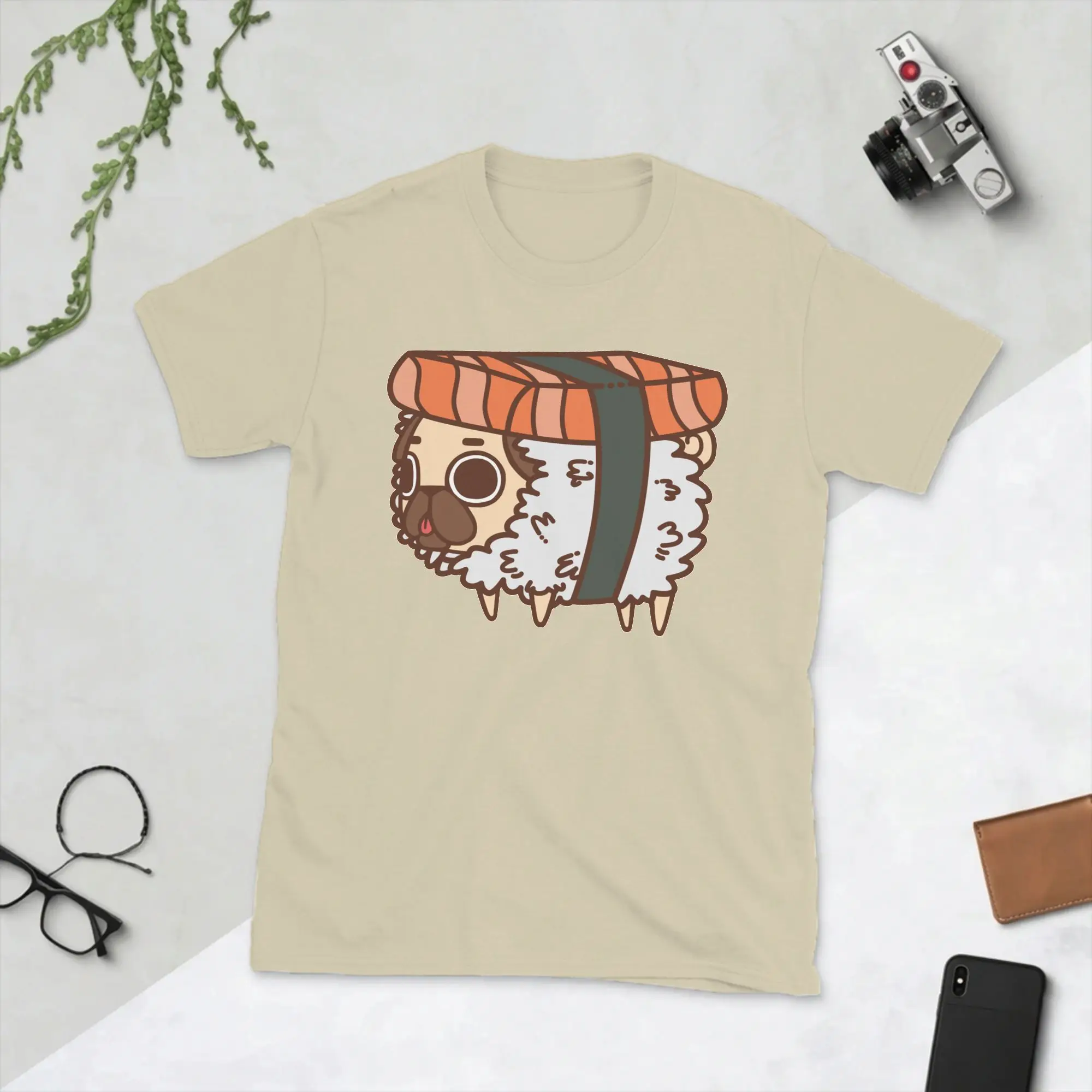 Men's T-Shirt Puglie Sushi 100% Cotton Tee Shirt Rice Cartoon Nigiri Salmon Fish Japanese T Shirt O Neck Clothing Gift Idea