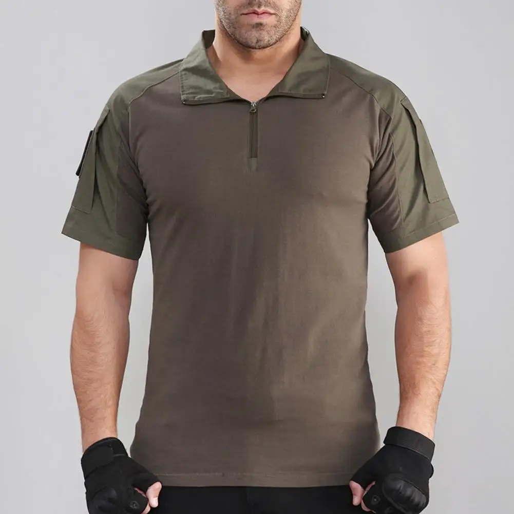 

Zipper Stand Collar Tee Camouflage Print Men's Training T-shirt Quick Dry Stretchy Stand Collar For Outdoor Activities Men