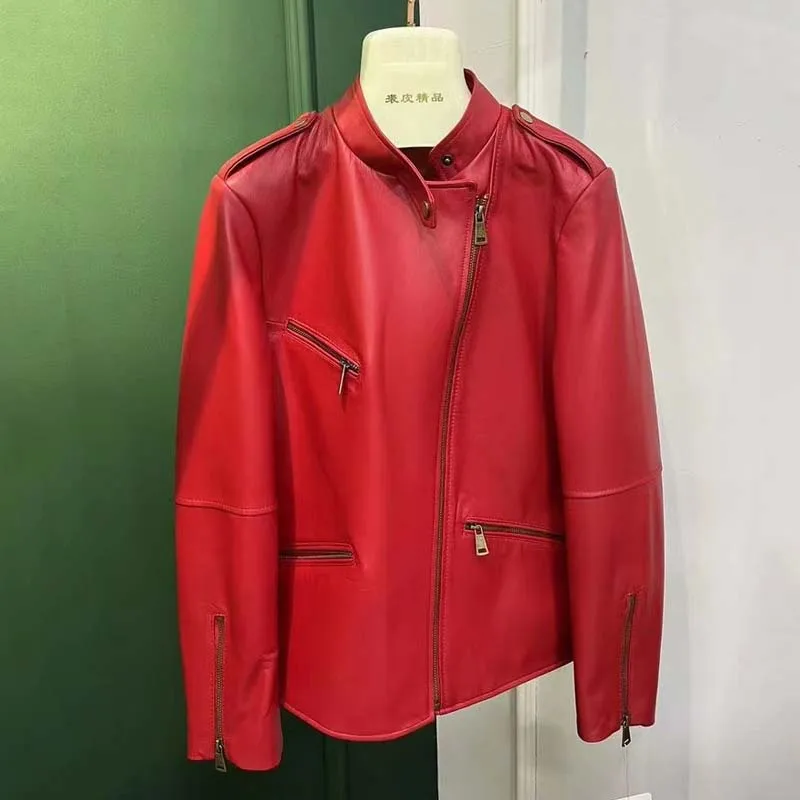 

Natural Real Sheepskin Coat Spring Women Short Length 2023 New Fashion O-Neck Collar Clothes Casual Style Red And Black