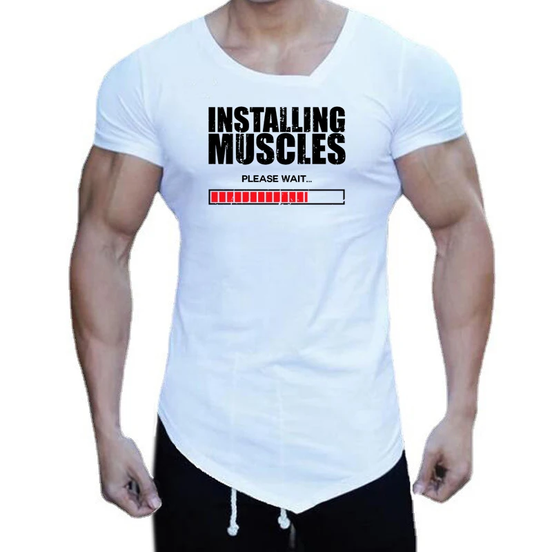 Installing Muscles Please Wait Mens Summer Cotton Short Sleeve V Neck T-Shirts Slim Fit Asymmetrical Hem Workout Running T Shirt