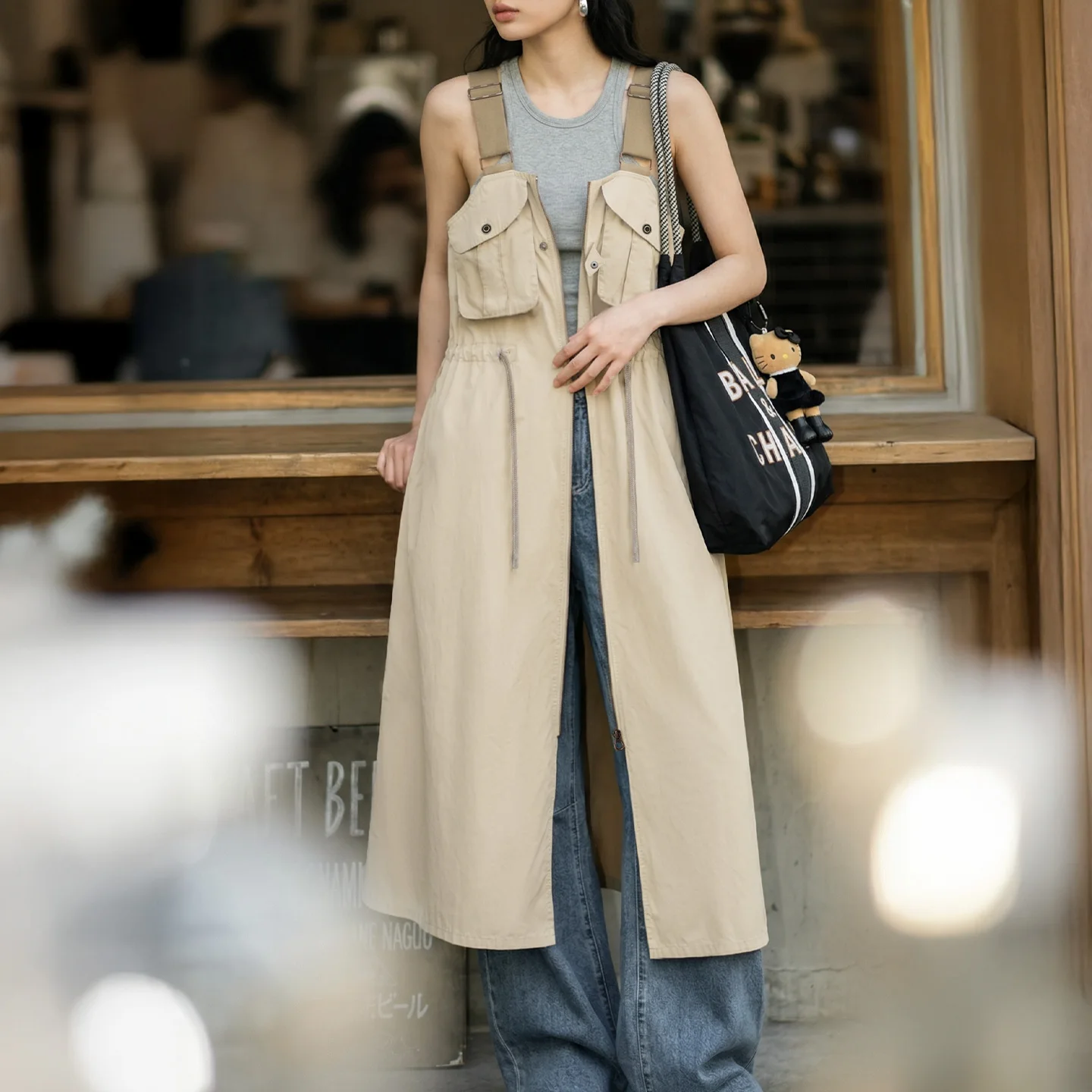

Maden Women's Workwear Suspender Dress Fitted Waist A Line Split Light Long Breathable Loose Casual Summer Outer Dress Overall