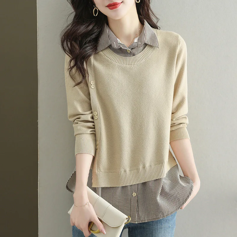 سترة محبوكة جديدة غير رسمية لخريف وشتاء 2025 مكونة من قطعتين للنساء للخريف والشتاء بأكمام طويلة سترة للنساء