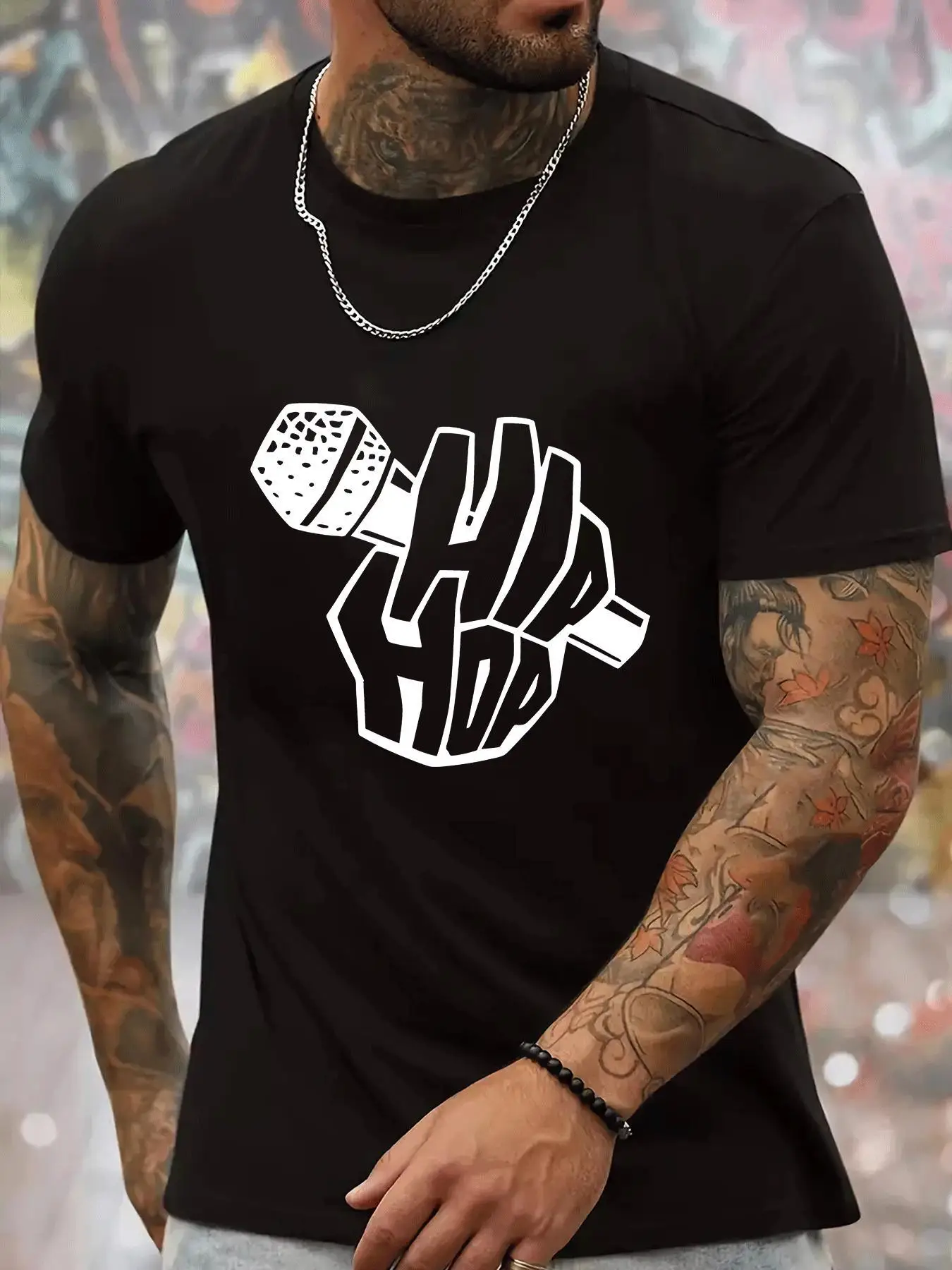 Hip Hop Microphone Print Mens Crew Neck T Shirt Vintage Rap Music Text Graphic Short Sleeve Casual Cotton Urban Street Tees