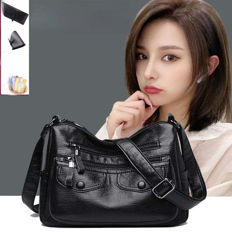 

Leather Crossbody Bag for Women Large Capaci Soft Leather Multi-layer Commuter Single oulder Slant Bag Medium Age Women
