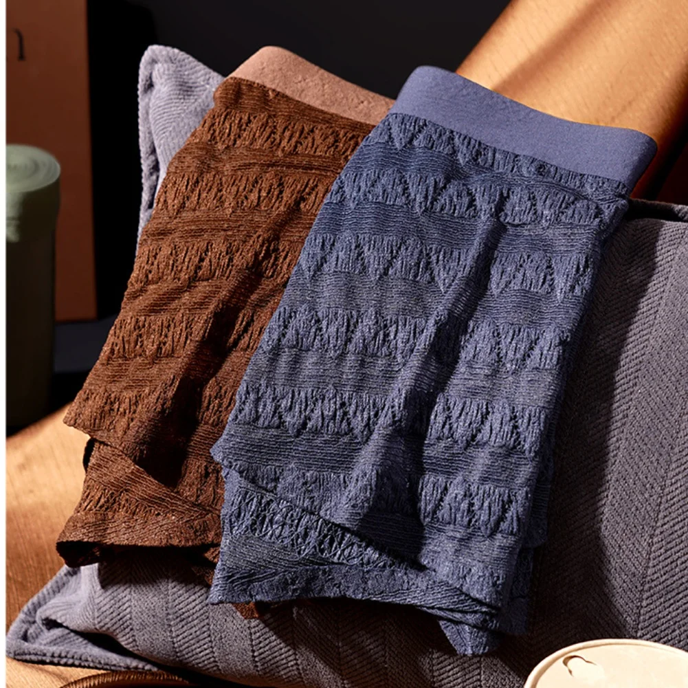 Men's Underwear Wrinkle Jacquard Fashion Boxers Shorts Mesh Breathable Middle Waist Trunks Striped Casual Panties