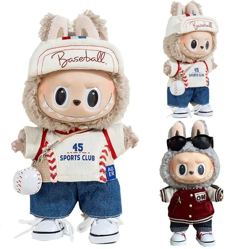 15 17cm Doll Outfit Clothes Accessories For Labubu Doll Denim Pants American Baseball Style Clothing Uniform Duck Tongue Hat