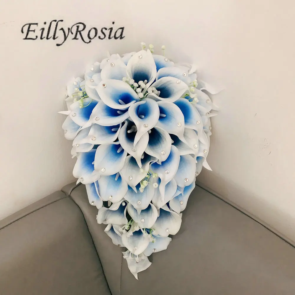 Eillyrosia original branco e azul calla lírio cascata nupcial bouquet strass praia casamento flores conjunto para dama de honra do noivo