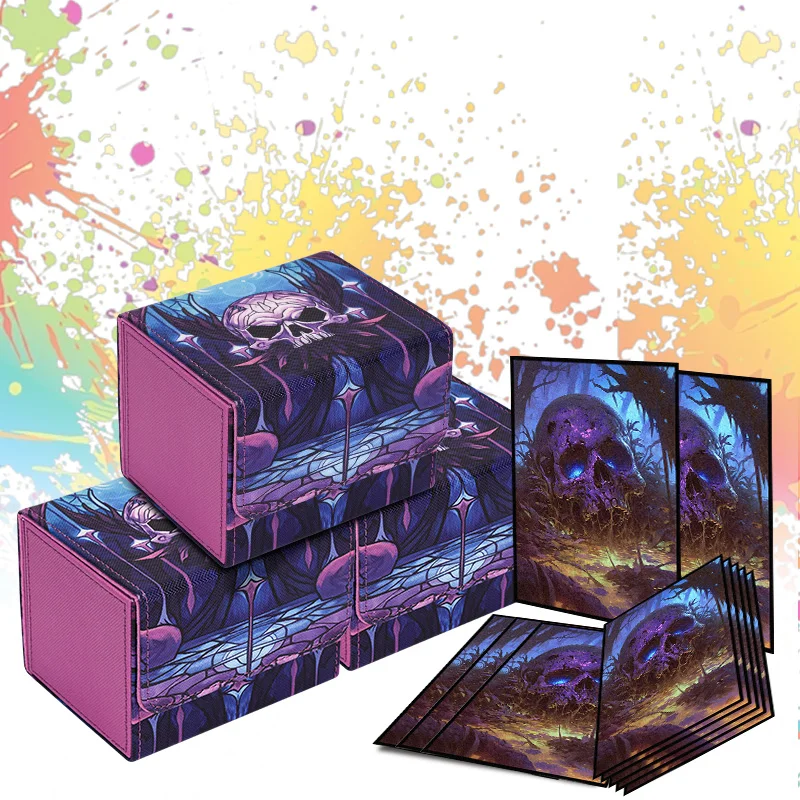 Card Deck Box with TCG Pattern Print Card Sleeves 105CT, Holds 120+ Sleeved Cards PU Leather Card Box, Matte Back, 66x91mm