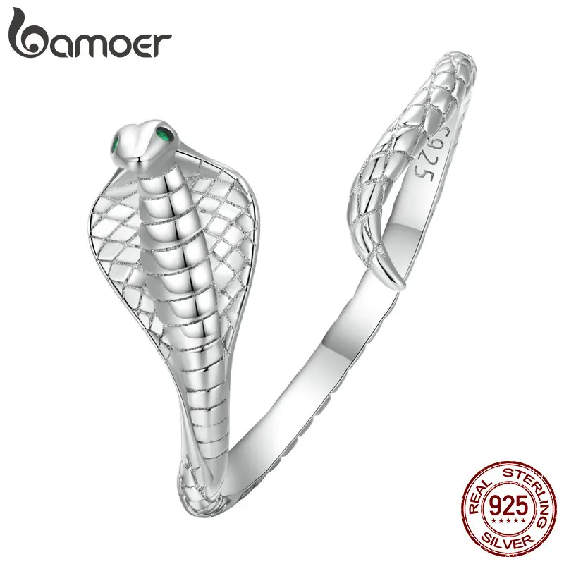 Bamoer 925 Sterling Silver Cobra Opening Ring Lively Snake Adjustable Ring for Women Party Pave Setting CZ Fine Jewelry