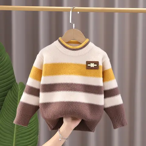 Boys' Thickened Sweater Kids' Crew Neck Autumn Winter Knitted Shirt Fleece-lined Warm Contrasting Colors Pullover Sweater Daily