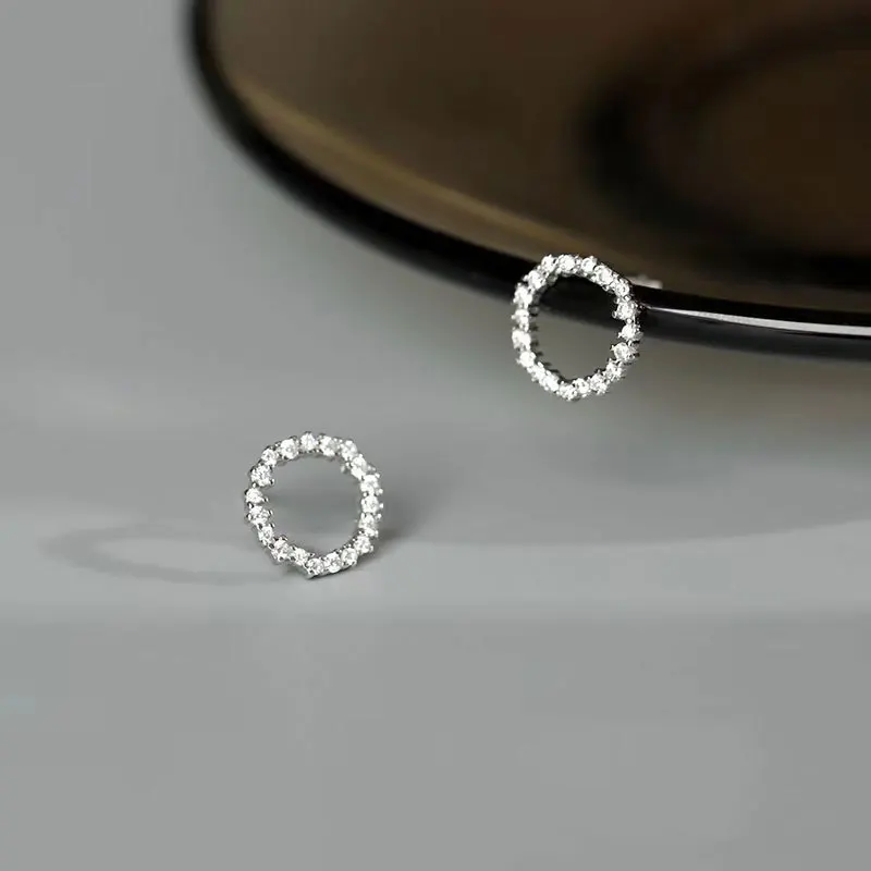 Cute Shiny 925 Sterling Silver Full Zircon Hollowed Circles Stud Earrings for Women Girls Korean Geometry Piercing Jewelry Gifts