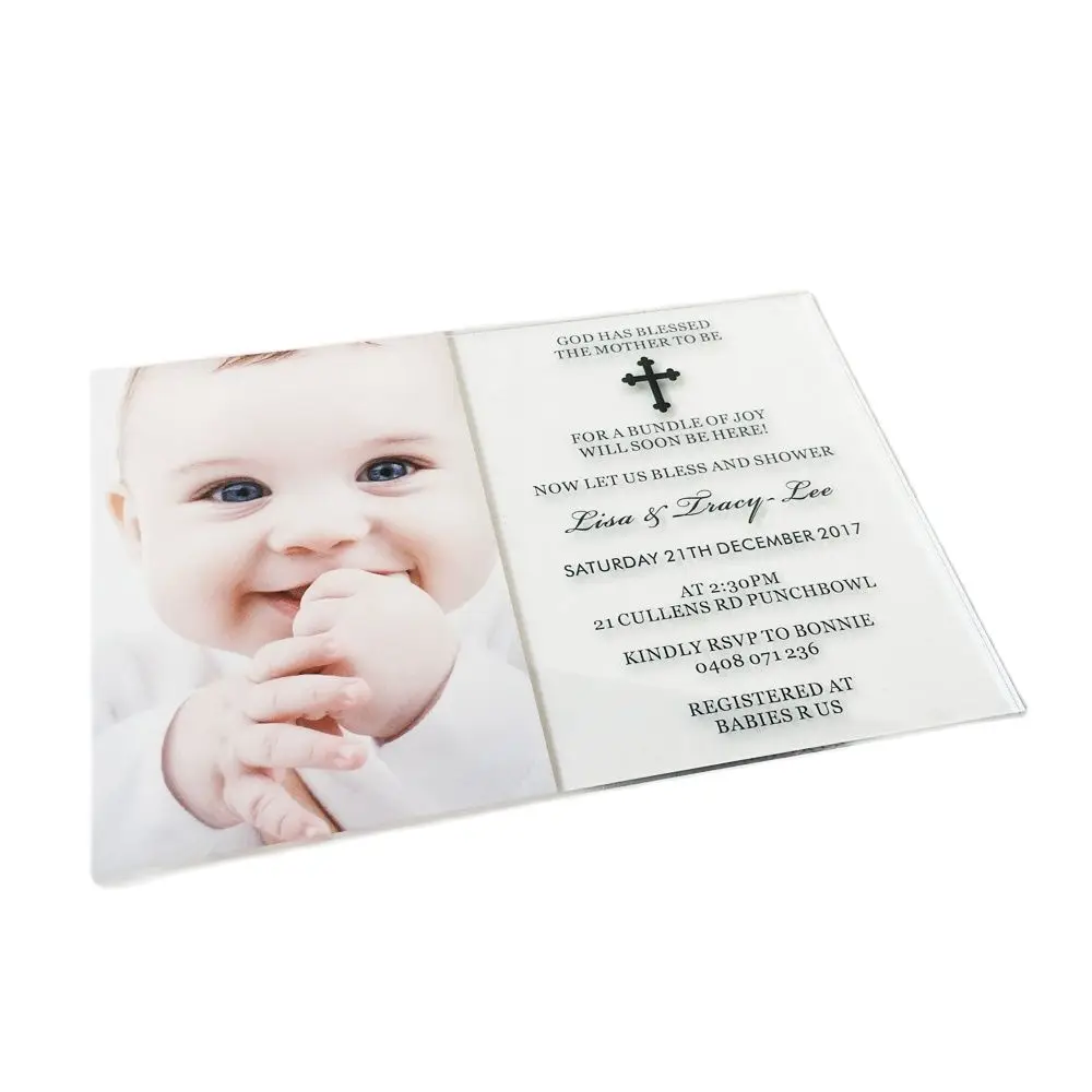 Customized 5x7inch UV printing photo Clear Acrylic Baby Shower Invitation Card Christening and Baptism Invitations100pcs Per Lot