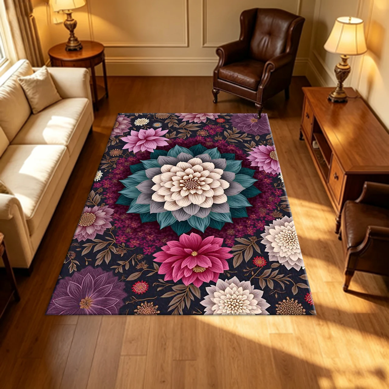 Dark Background Dahlia Floral Carpet Flooring Bohemian Botanical Household Indoor Decor Area Rug