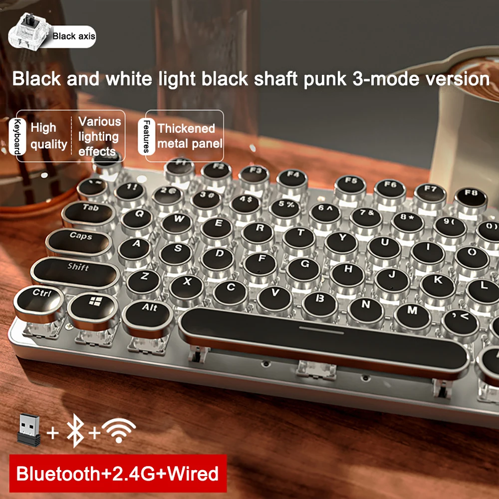 

3 Mode Retro Typewriter Keyboard Mechanical Gaming Switch Media Control Rainbow Backlit Punk Round Keycaps USB Wired Computer