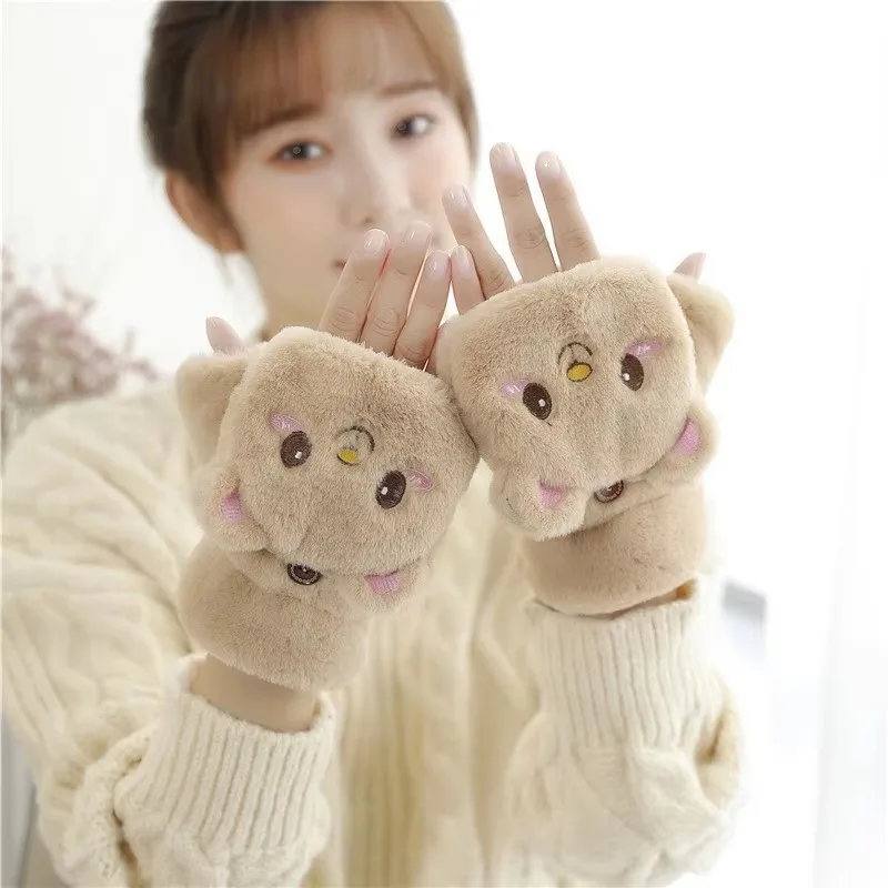 2024 Soft Thick Flexible Half Finger Winter Gloves Fashion Women Plush Warm Gloves Fur Cute Bear Mittens Flip Fingerless Gloves